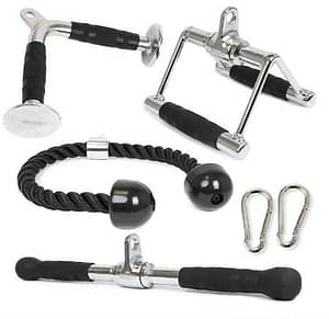 The Best 5 Pulley System Attachment & Accessories Set On Amazon  POWER GUIDANCE Triceps Pull Down Attachment, Cable Machine Accessories for Home Gym, LAT Pull Down Attachment Weight Fitness V Shaped Bar & V Handle with Rotation - Constructed of high-quality solid steel with polished chrome finish. 0.6 inch hole can fit easily for all cable system. Textured rubber coating handle,provides ergonomic & secured grip during workout, provides a balanced force to both arms when attach it to any gym machine.